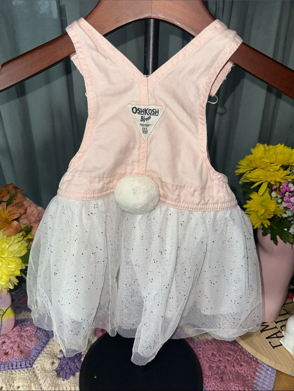 🎉Girls Pink Bunny Pocket Overall Dress with White Tulle Skirt. C314
